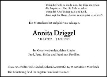 Traueranzeige von Annita Dziggel von vrm-trauer
