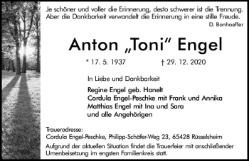 Traueranzeige von Anton Engel von vrm-trauer