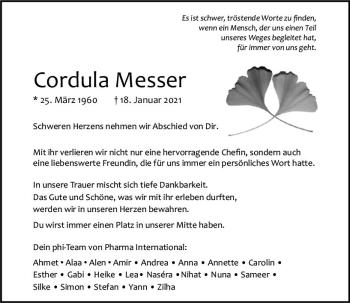 Traueranzeige von Cordula Messer von vrm-trauer