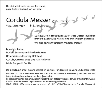 Traueranzeige von Cordula Messer von vrm-trauer