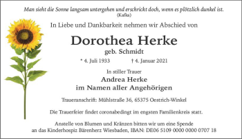 Traueranzeige von Dorothea Herke von vrm-trauer