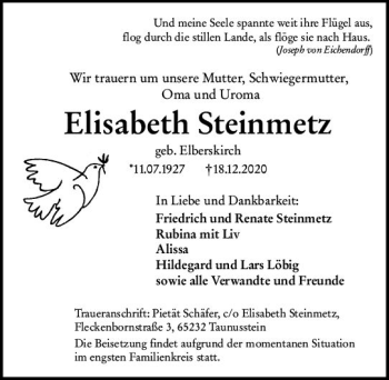 Traueranzeige von Elisabeth Steinmetz von vrm-trauer