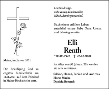 Traueranzeige von Elli Renth von vrm-trauer