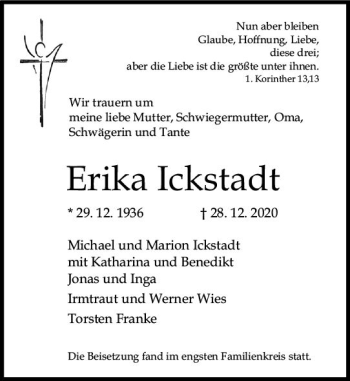 Traueranzeige von Erika Ickstadt von vrm-trauer
