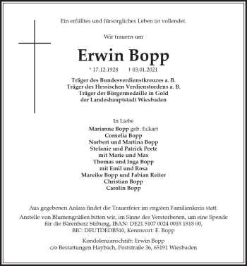 Traueranzeige von Erwin Bopp von vrm-trauer