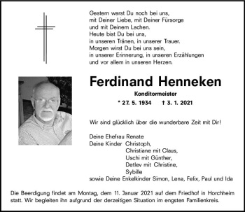 Traueranzeige von Ferdinand Henneken von vrm-trauer