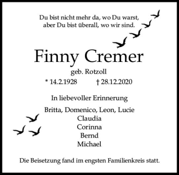 Traueranzeige von Finny Cremer von vrm-trauer