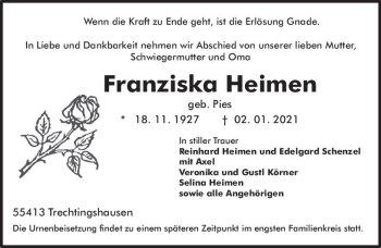 Traueranzeige von Franziska Heimen von vrm-trauer