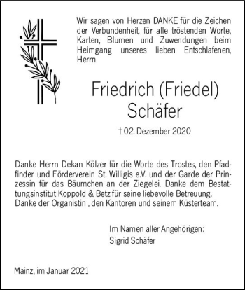 Traueranzeige von Friedrich Schäfer von vrm-trauer