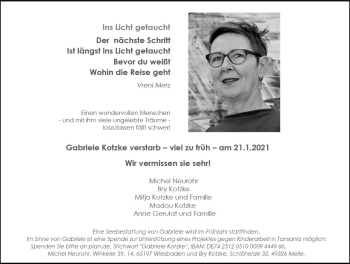 Traueranzeige von Gabriele Kotzke von vrm-trauer