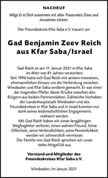 Traueranzeige von Gad Benjamin Zeev Reich von vrm-trauer