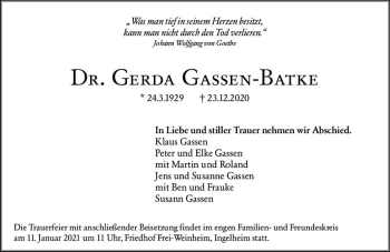 Traueranzeige von Gerda Gassen-Batke von vrm-trauer