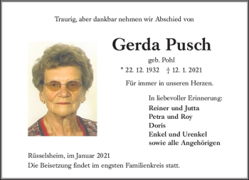 Traueranzeige von Gerda Pusch von vrm-trauer