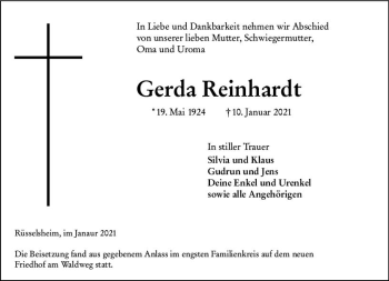 Traueranzeige von Gerda Reinhardt von vrm-trauer