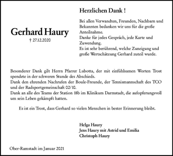 Traueranzeige von Gerhard Haury von vrm-trauer