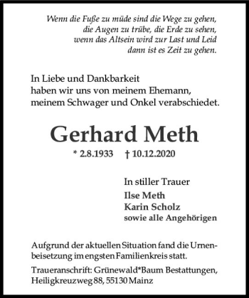 Traueranzeige von Gerhard Meth von vrm-trauer