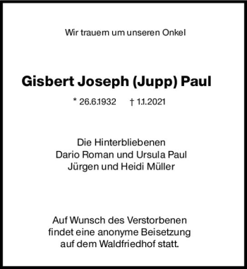 Traueranzeige von Gisbert Joseph  Paul von vrm-trauer