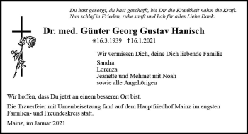Traueranzeige von Günter Georg Gustav Hanisch von vrm-trauer
