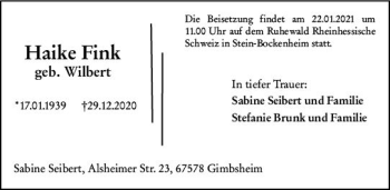Traueranzeige von Haike Fink von vrm-trauer