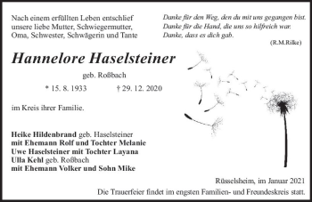 Traueranzeige von Hannelore Haselsteiner von vrm-trauer