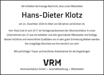 Traueranzeige von Hans-Dieter Klotz von vrm-trauer