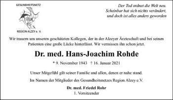 Traueranzeige von Hans-Joachim Rohde von vrm-trauer