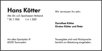 Traueranzeige von Hans Kötter von vrm-trauer