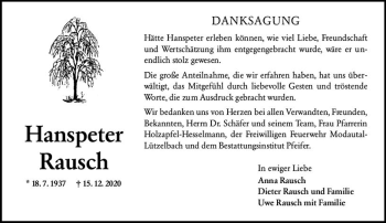 Traueranzeige von Hanspeter Rausch von vrm-trauer