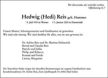 Traueranzeige von Hedwig Reis von vrm-trauer