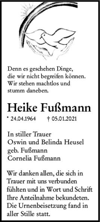 Traueranzeige von Heike Fußmann von vrm-trauer