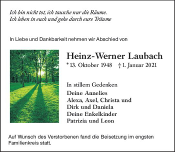 Traueranzeige von Heinz-Werner Laubach von vrm-trauer