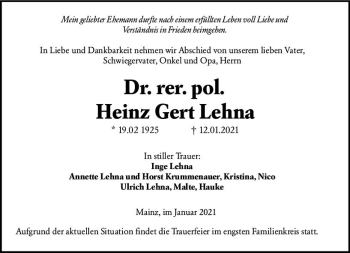 Traueranzeige von Heinz Gert Lehna von vrm-trauer
