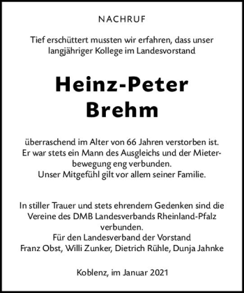 Traueranzeige von Heinz Peter Brehm von vrm-trauer