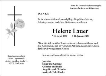 Traueranzeige von Helene Lauer von vrm-trauer