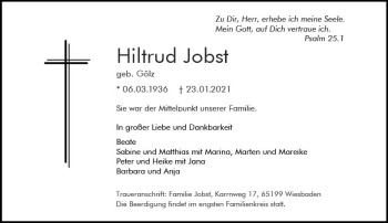 Traueranzeige von Hiltrud Jobst von vrm-trauer