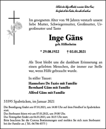 Traueranzeige von Inge Gäns von vrm-trauer