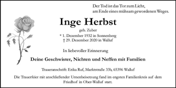 Traueranzeige von Inge Herbst von vrm-trauer