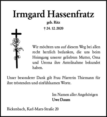 Traueranzeige von Irmgard Hassenfratz von vrm-trauer
