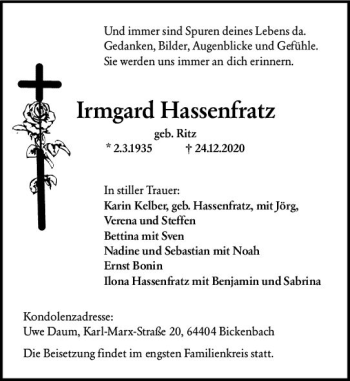 Traueranzeige von Irmgard Hassenfratz von vrm-trauer