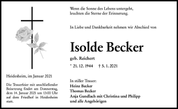 Traueranzeige von Isolde Becker von vrm-trauer