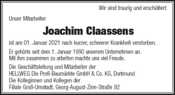 Traueranzeige von Joachim Claassens von vrm-trauer