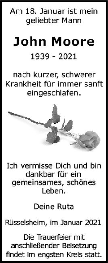 Traueranzeige von John Moore von vrm-trauer