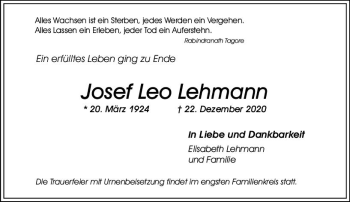 Traueranzeige von Josef Leo Lehmann von vrm-trauer