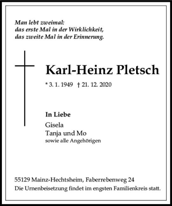 Traueranzeige von Karl-Heinz Pletsch von vrm-trauer