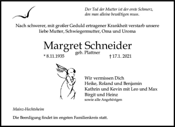 Traueranzeige von Margret Schneider von vrm-trauer