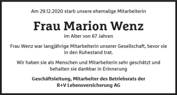 Traueranzeige von Marion Wenz von vrm-trauer