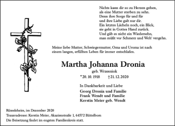 Traueranzeige von Martha Johanna Dronia von vrm-trauer