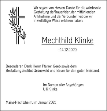 Traueranzeige von Mechthild Klinke von vrm-trauer