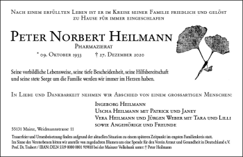 Traueranzeige von Peter Norbert Heilmann von vrm-trauer