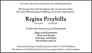 Traueranzeige von Regina Przybilla von vrm-trauer